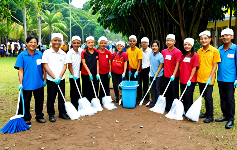 **
A diverse group of Malaysians actively participating in a community project, like cleaning up a park or organizing a local event. Focus on collaboration and engagement.
**